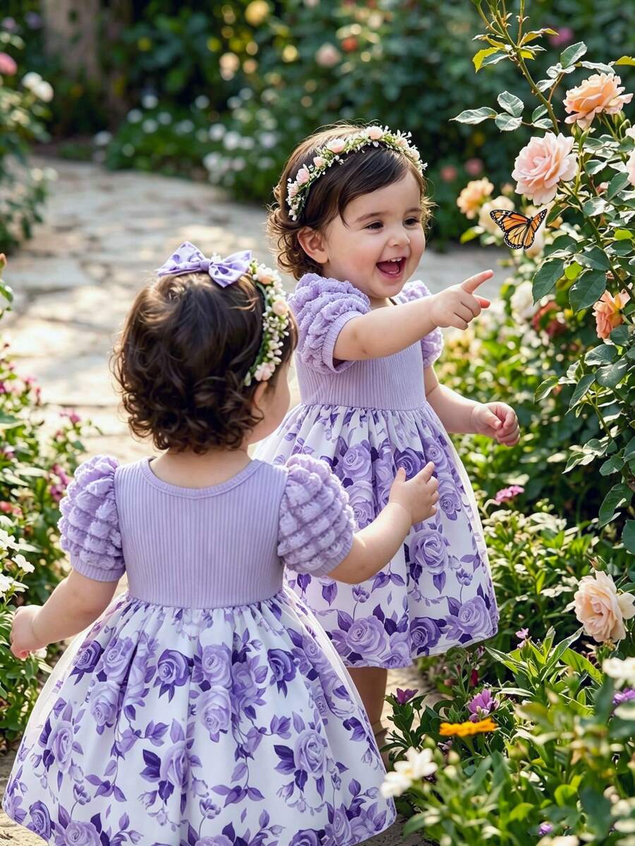 Set de 2 piezas: vestido con mangas abullonadas, decoración de moño, estampado floral y diadema, moda para fiesta de vacaciones, primavera/verano