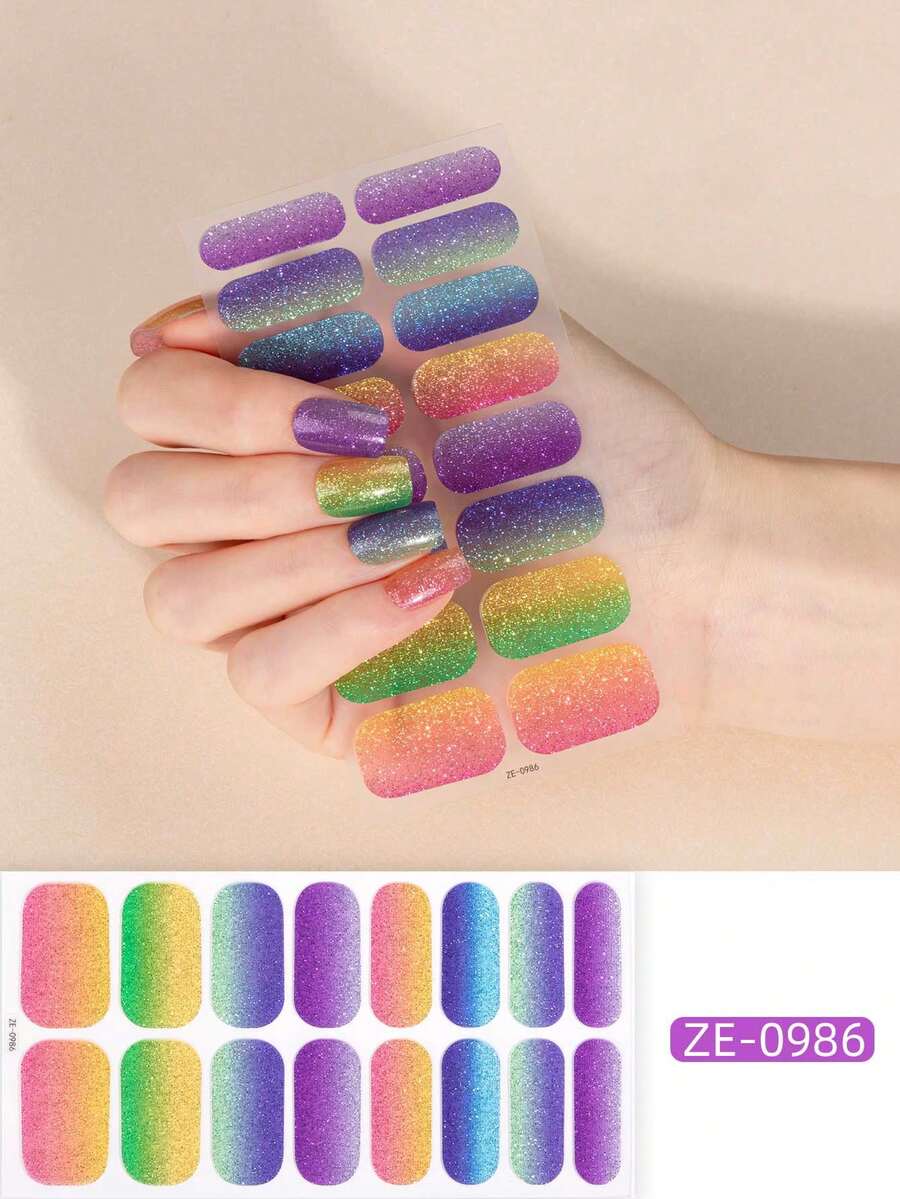 Pegatina de uñas de gel sin hornear color rosa coral, película de aceite para uñas, pegatina de uñas impermeable, pegatina de unicolor, pegatina de polvo de cebolla verde, pegatina de color degradado saltarín, pegatina completa