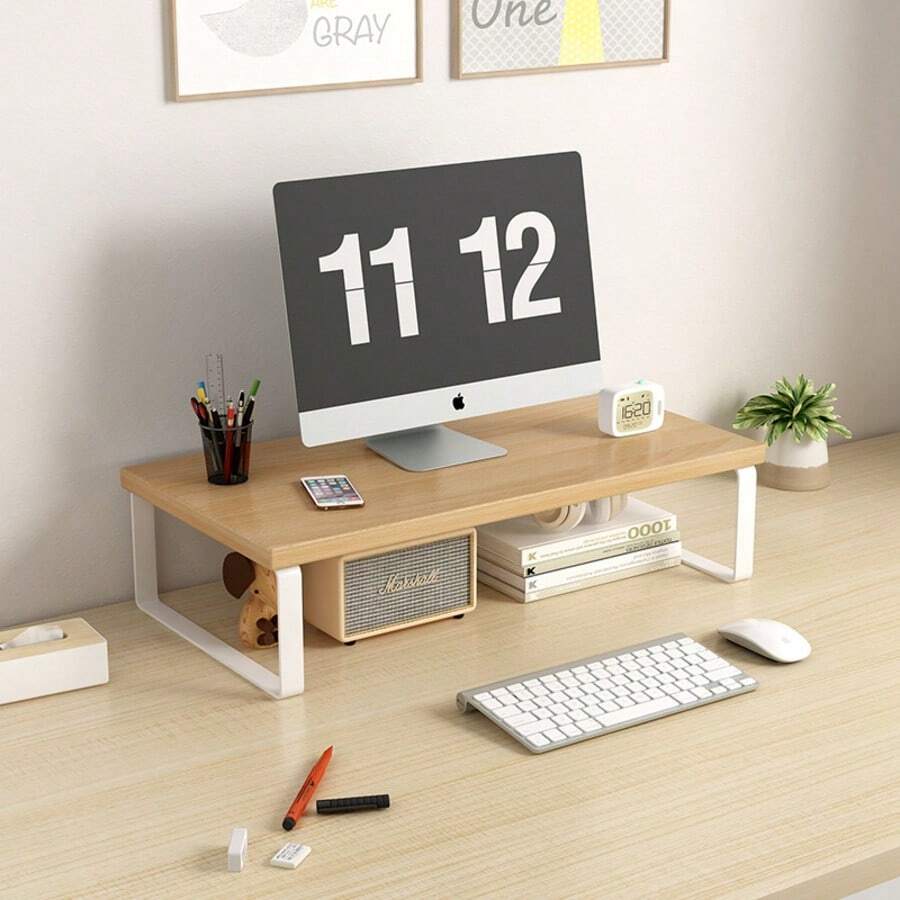 1pc Wooden Monitor Stand With Storage Space, Laptop Computer Display Riser, Desk Organizer For Home And Office Use - A - View 1