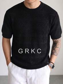 Men's Crew Neck Short Sleeve Ice Silk Knit Fitted Casual Commuter Style Horizontal Striped Knit Top Spring Summer Thin - Black - View 3