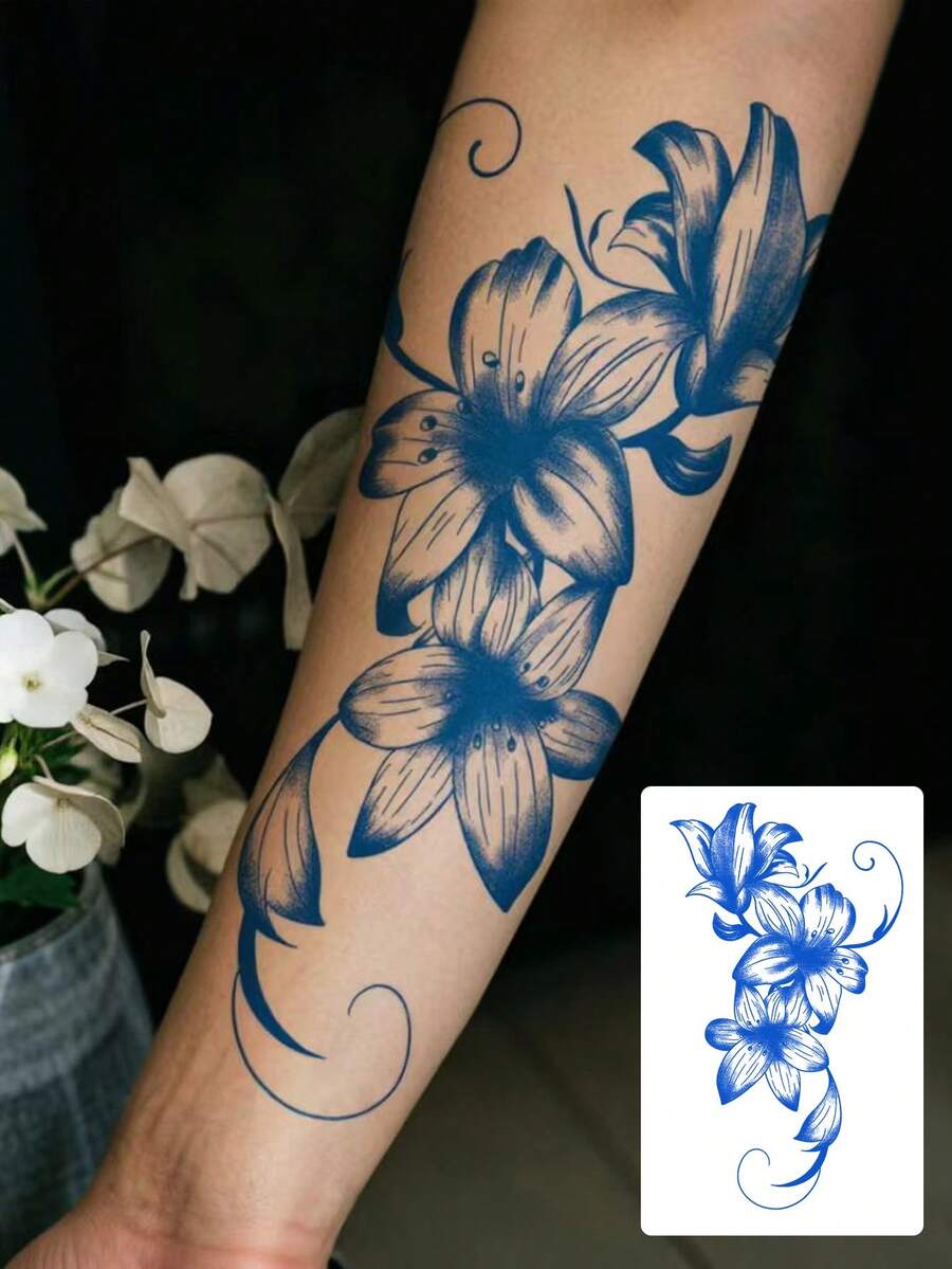 1件裝藍色瓷器花卉臨時紋身貼紙，優雅防水花朵假紋身，適合女性與女孩，中式身體藝術貼紙，適用於手臂、肩膀、背部與腿部，優雅美學身體藝術，適合節慶、度假與派對 - 藍色 - 查看 1