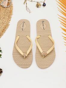 Evertop Surf Summer Ocean Style Oil Drop Shell & Starfish Decor Chain Square Toe Flat Slide Sandals AB Version Asymmetric Sandals Soft Sole Beach Vacation Bohemian Daily Versatile Street Style Original Design - Apricot - View 2