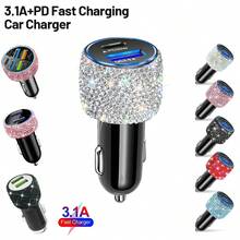 1个闪亮水钻车载充电器，PD 20W Type-C和QC3.0 USB快速充电适配器，12/24V通用，适用于轿车、卡车、SUV，三合一快速充电线，可为手机、耳机、行车记录仪、GPS、无人机等设备充电，是生日、节日和汽车配件的理想礼物。 - 車儲 - 查看 2