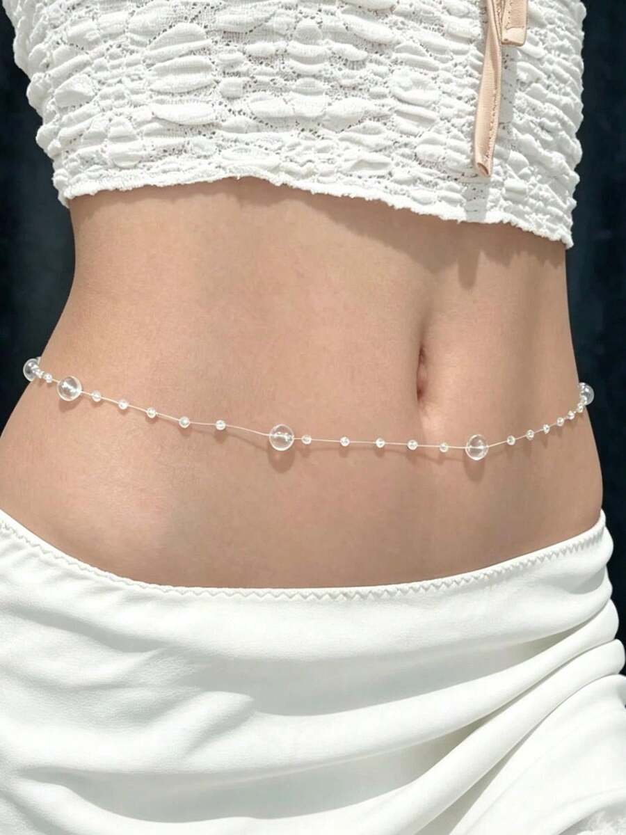 1件 Ins 風格極簡百搭透明隱形釣魚線串珠腰鍊,小眾設計時尚獨特女性珠寶飾品,適合日常穿著、旅行與度假 - 白色 - 查看 1