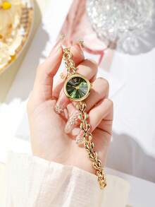 1件女款金色鏈條手鍊腕錶，小圓盤鏤空鏈條錶帶石英手錶，獨特鏤空心形金色金屬鏈條錶帶時尚石英腕錶，適合日常佩戴，週年禮物、生日禮物、萬聖節禮物、情人節禮物等，1件/組 - 金色 - 查看 8
