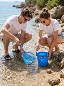 2pcs Stainless Steel Sieve Outdoor Beach Shell Collection Bucket Set, Includes Fishing Net And Foldable Bucket, Suitable For Collecting Shells, Catching Crabs And Other Outdoor Leisure Activities - 2PC - View 6