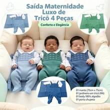 Kit Saída Maternidade Bebê Menino Tricô Enxoval Jardineira - azul blue sky - Visão 4