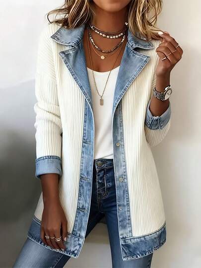 Chaqueta de mezclilla con empalme Hugh para mujer, chaqueta ajustada con cuello vuelto, manga, y chaqueta de corte slim