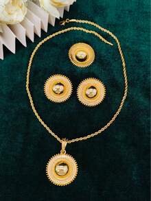 1 Set Fashion Women's Round Pendant Gold Jewelry Set Necklace Earrings Ring European American African Middle Eastern Dubai Saudi Arabian Bridal Wedding Banquet Date Dress Accessories Mother's Day Valentine's Day Wedding Season Birthday Holiday Gift For Mom Girlfriend Sister - Yellow Gold - View 2