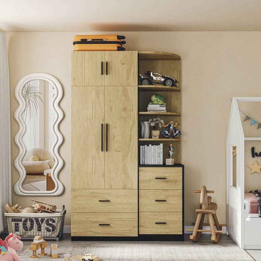 Wardrobe With Hanging Rail And Five Drawers, Two-Door Wardrobe + Display Cabinet, Bedroom Storage Unit, Storage Cabinet In Natural Wood + Black (Natural Wood + Black) - Natural+Black - View 1