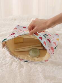1pc Portable Cosmetic Storage Bag Heart Pattern Double-Sided Printed Travel Zipper Makeup Bag Multi-Functional Toiletries Organizer - Multicolor - View 2