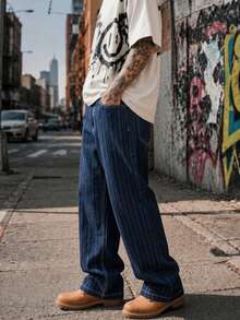 Whitmere Men's Slouchy Vertical Striped Casual Pants, Summer American Hip Hop Wide Leg Curved Hem Retro Loose Floor-Length Trousers - Blue - View 7