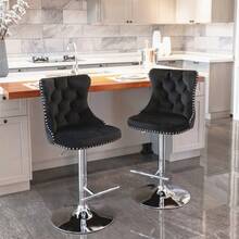Swivel Bar Stools In Velvet, Adjustable Seat Height From 63.5 To 84 Cm, Base, With Comfortable Padded Backrest, Perfect For Home, Pub Or Kitchen Island. Set Of 2, DE1712GY, Grey. - Black - View 8