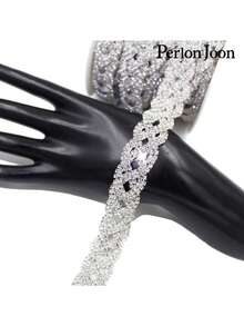 1 Yard Shiny Crystal Woven Ribbon With Rhinestones And Silver Chain, Suitable For Bridal Wedding Dress Shoe Decoration Accessories - 1 Yard/36 Inches - View 1