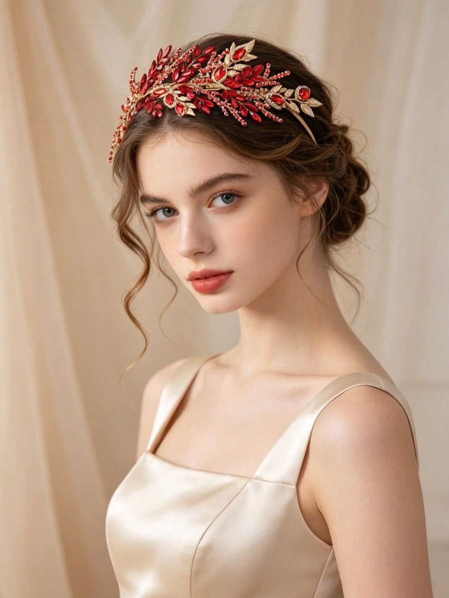 1 pieza Diadema de hoja con strass rojo, Corona nupcial elegante de oro, Adecuada para boda, fiesta de graduación - Rojo - Ver 1