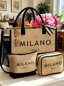 女款「MILANO」藝術字母圖案沙灘托特包套組，時尚可折疊沙灘包，適合游泳與海邊旅行，亦可作為女款單肩包、超市購物袋或多功能收納袋，芭蕾風通勤手提包，適合送給女性、母親、老師、朋友、伴娘、學生，開學季禮物 - 彩色 - 查看 2