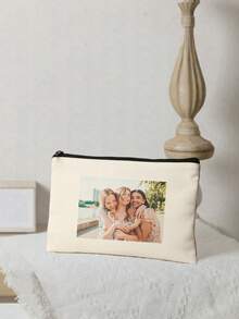 Customizable Canvas Bag With Personalized Photo Design, Foldable Large Capacity Travel Organizer Toiletry Bag, Monogrammed Makeup Pouch, Groomsmen Gift - Beige - View 2