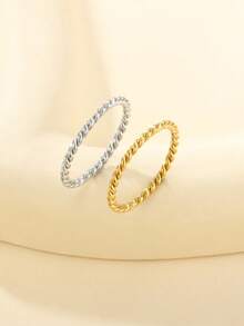 Thin Twisted Rope Plain Ring, 14K Gold Plated 304 Stainless Steel, Waterproof Hypoallergenic Non-Fading, Ins Gentle Style Stackable Thin Ring - Rx1.5 - View 1