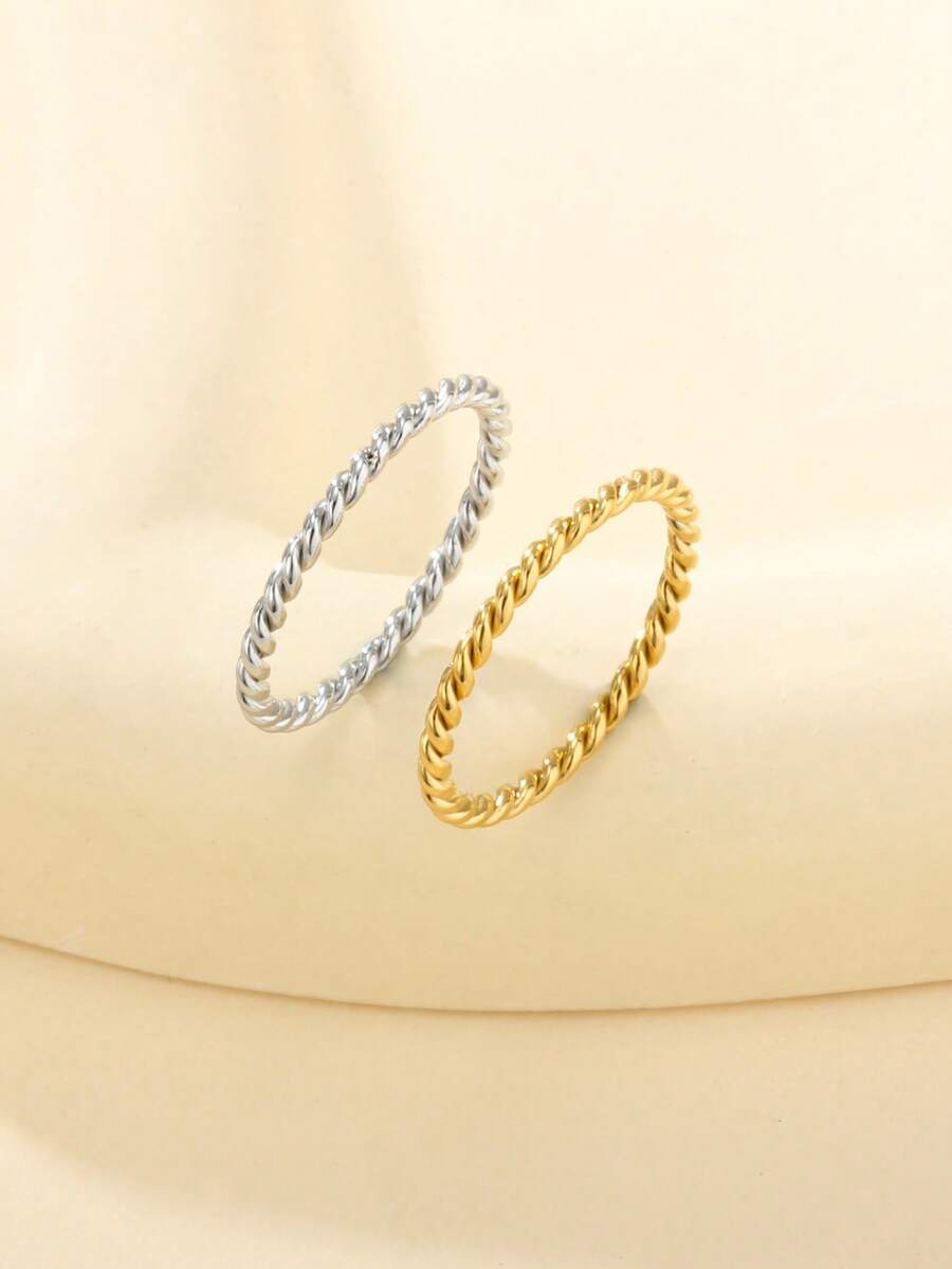 Thin Twisted Rope Plain Ring, 14K Gold Plated 304 Stainless Steel, Waterproof Hypoallergenic Non-Fading, Ins Gentle Style Stackable Thin Ring - Rx1.5 - View 1