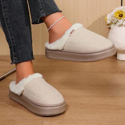 Soft Plush Lining Closed-Toe Casual Mule Slippers, Preppy Academy Style, Fabric Fur Lining, Cute Fashion, Comfortable Retro Home Wear, All Seasons