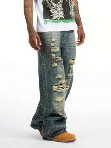 Men's Y2K Blue-Green Fashion Distressed Diamond Decor Loose Straight Leg Denim Jeans - Teal Blue - View 7