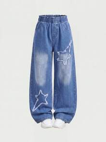 1pc Girls Elastic Waist Wide Leg Denim Jeans, Summer Style Star Frayed Patchwork Washed Long Pants, Versatile Loose Straight Leg Casual Pants - Light Wash - View 3