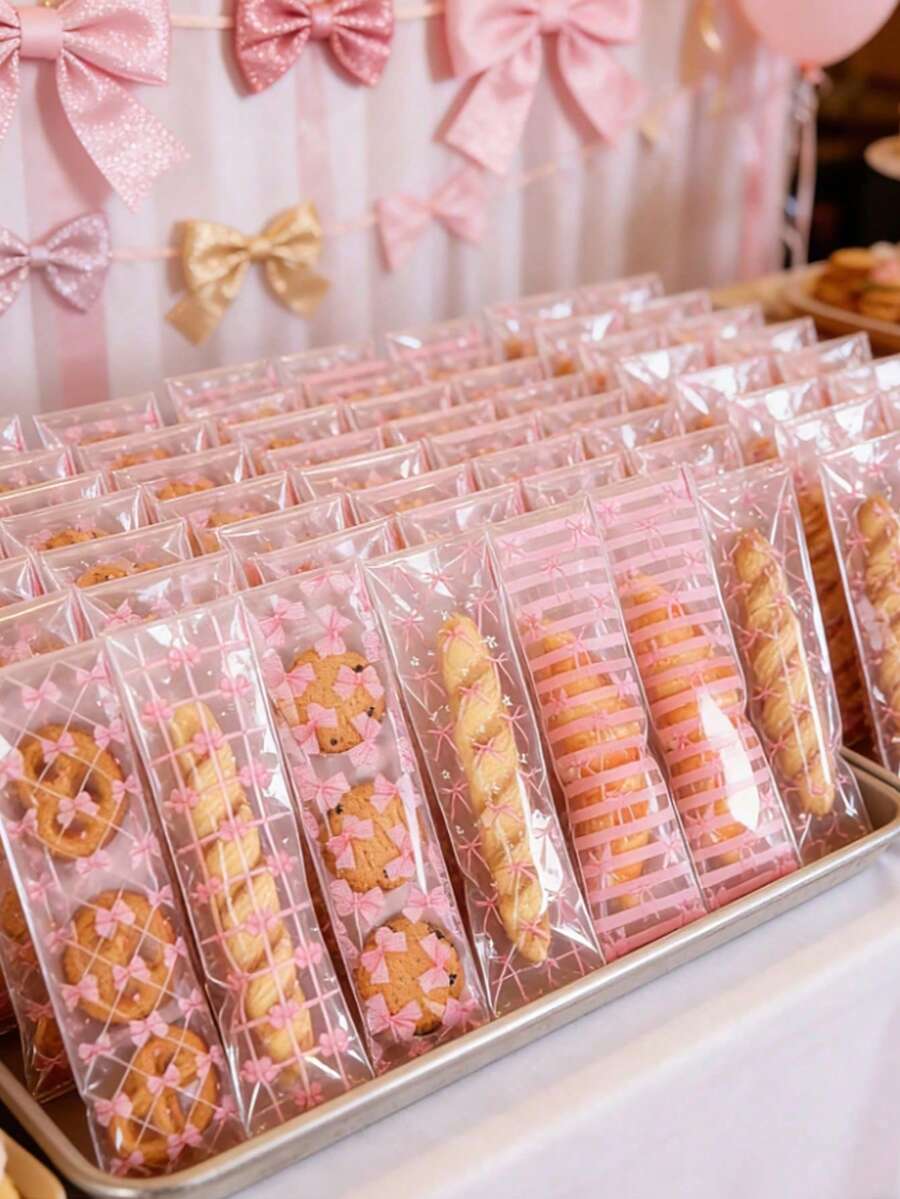 50入粉色蝴蝶結透明糖果袋，適用於嬰兒洗禮糖果袋、生日派對透明食品包裝袋、烘焙袋、嬰兒派對蝴蝶結印花禮品袋、透明長款禮品袋，嬰兒派對用品、性別揭曉派對用品、生日用品、蝴蝶結裝飾零食袋，大宗禮品，嬰兒派對裝飾