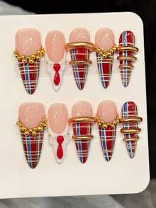 10pcs Handmade Pressed Long Pointed Nail Tips, Exquisite Fake Nails, [Red Texture Style] Vintage Academic Style, Handmade Wearable Nails, Sweet And Cool Elegant, Light Luxury Heavy Craftsmanship Design, Suitable For Women - Gold - View 2
