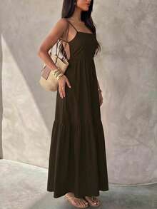Women's Thin Strap Sleeveless Solid Color Bohemian Style Backless Ruffle Hem Dress, Perfect For Vacation And Casual Outings - Coffee - View 4