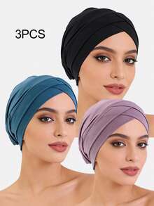 3pcs Women's Double Cross Elastic Beanie Hat, Base Cap, Hair Cap, Headscarf Hat, Suitable For Daily Use - Black/Purple/Porcelain Blue - View 46
