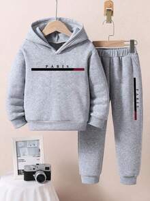 Boys Letter Print Hoodie And Sweatpants Warm Set - Grey - View 1