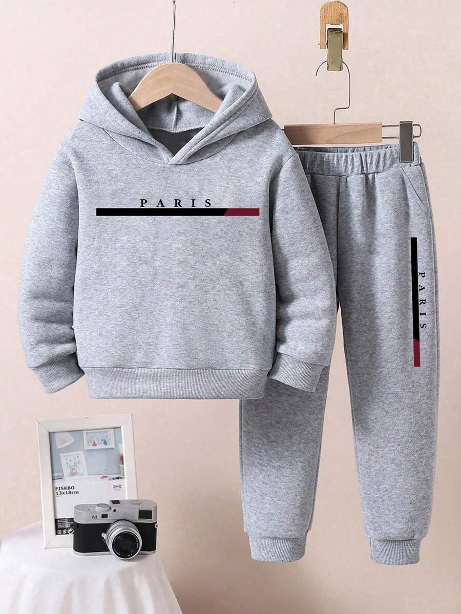 Boys Letter Print Hoodie And Sweatpants Warm Set - Grey - View 1