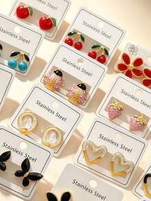 24/18/12pcs Elegant Stainless Steel Enamel Drip Earrings, Stainless Steel Material, Styles Include Fruit, Heart, Flower And Heart Designs. Elegant Daily Wear Earrings, Ideal Valentine's Day Gift. Suitable For Girlfriend, Suitable For Any Occasion (Randomly Shipped) - Oil Dripping Kit - View 6