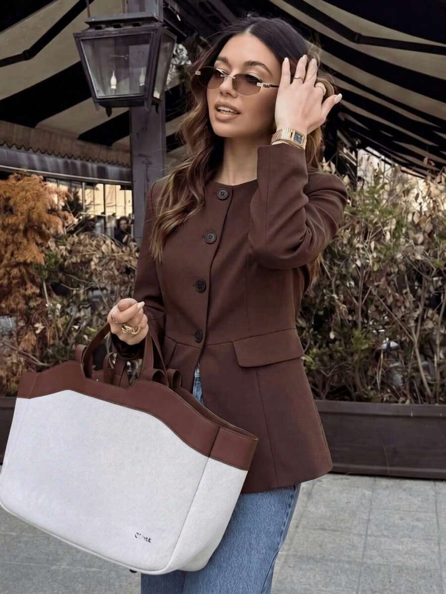 Women's Elegant Solid Color Fashion Minimalist Slim Fit Flattering Old Money Style Blazer, Suitable For Daily Wear, Dating, Commuting, Business Events, Airport - Coffee Brown - View 1