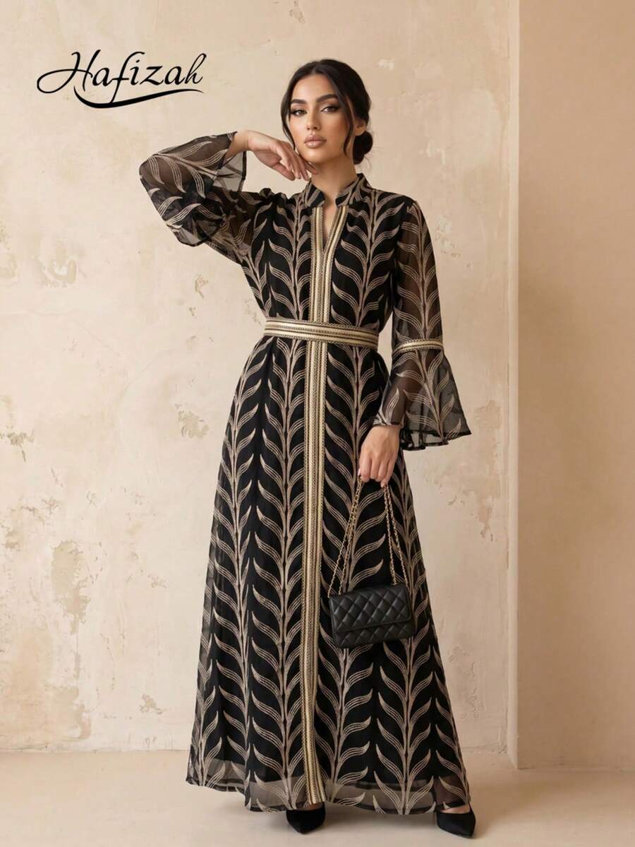 Hafizah 刺繡喇叭袖套頭優雅長洋裝 V領網紗女款洋裝 - 黑色 - 查看 1