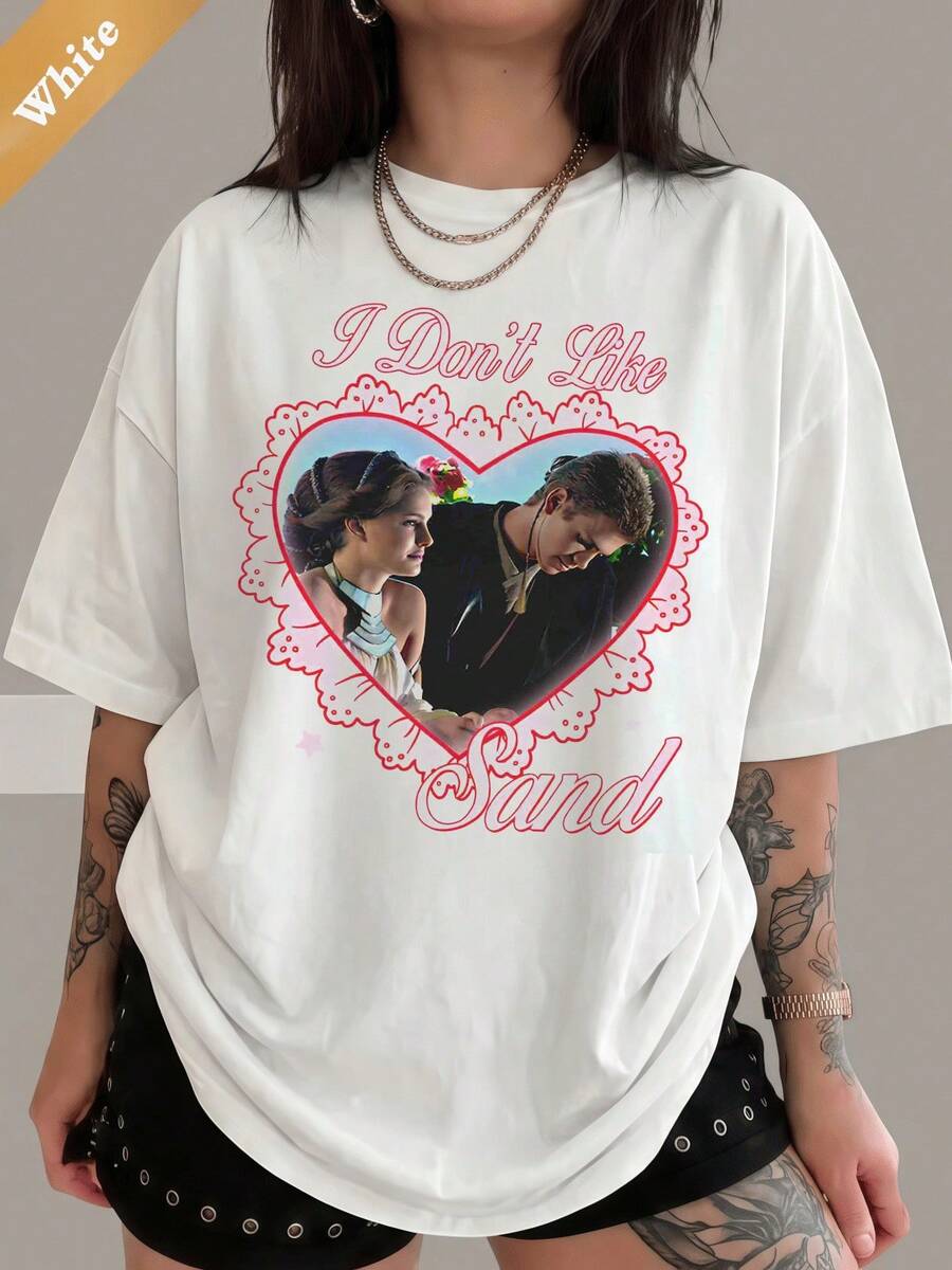 I Don't Like Sand Anakin Padme Pink Lace Heart Retro Graphic Cotton T-Shirt Meme Couple Fan Unisex Cute T-Shirt - White - View 1