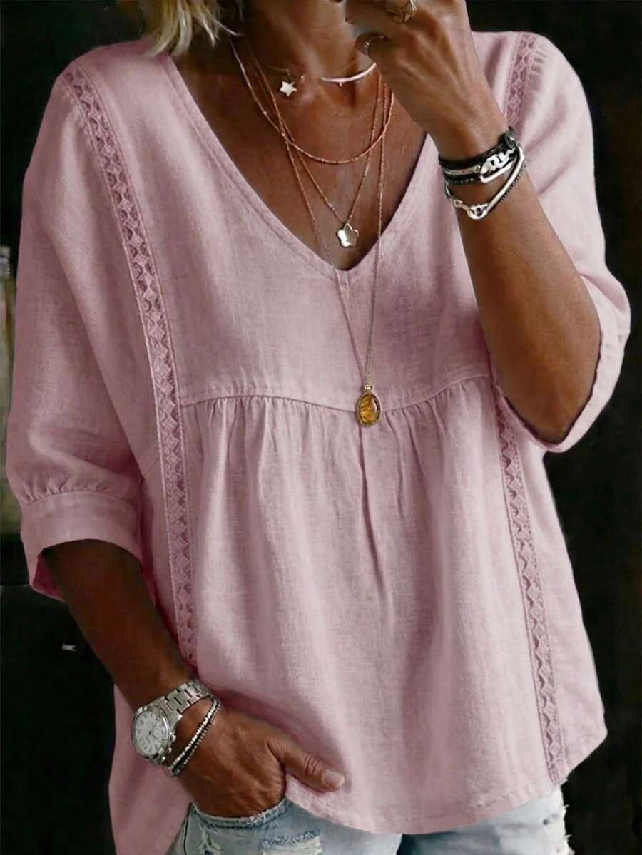 Women's Plus Size White V-Neck Short Sleeve Top, Lace Trim, Woven Fabric Regular Fit Casual Blouse Pink Summer - Pink - View 1