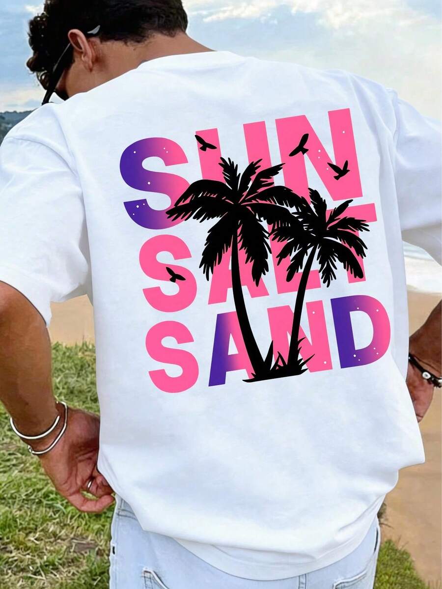 Lässiges T-Shirt mit Strandmotiv von Sun Salt Sand, bequemes Herren-T-Shirt aus reiner Baumwolle, lässiger Urlaubsstil, und bequem. - Weiss - Übersicht 1