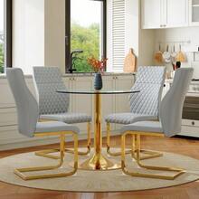 Table And Chair Set: Round Glass Table, 85 Cm In Diameter, With A Subtly Luxurious Style And Gold-Colored Metal Legs. It Is Paired With Two Modern Dining Chairs In Light Gray And Gold. - Light Gray 1 - View 3