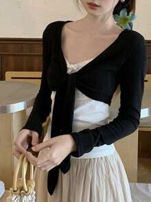 Korean Style New Bow Tie Lace-Up Long Sleeve Loose Cardigan - Black - View 1