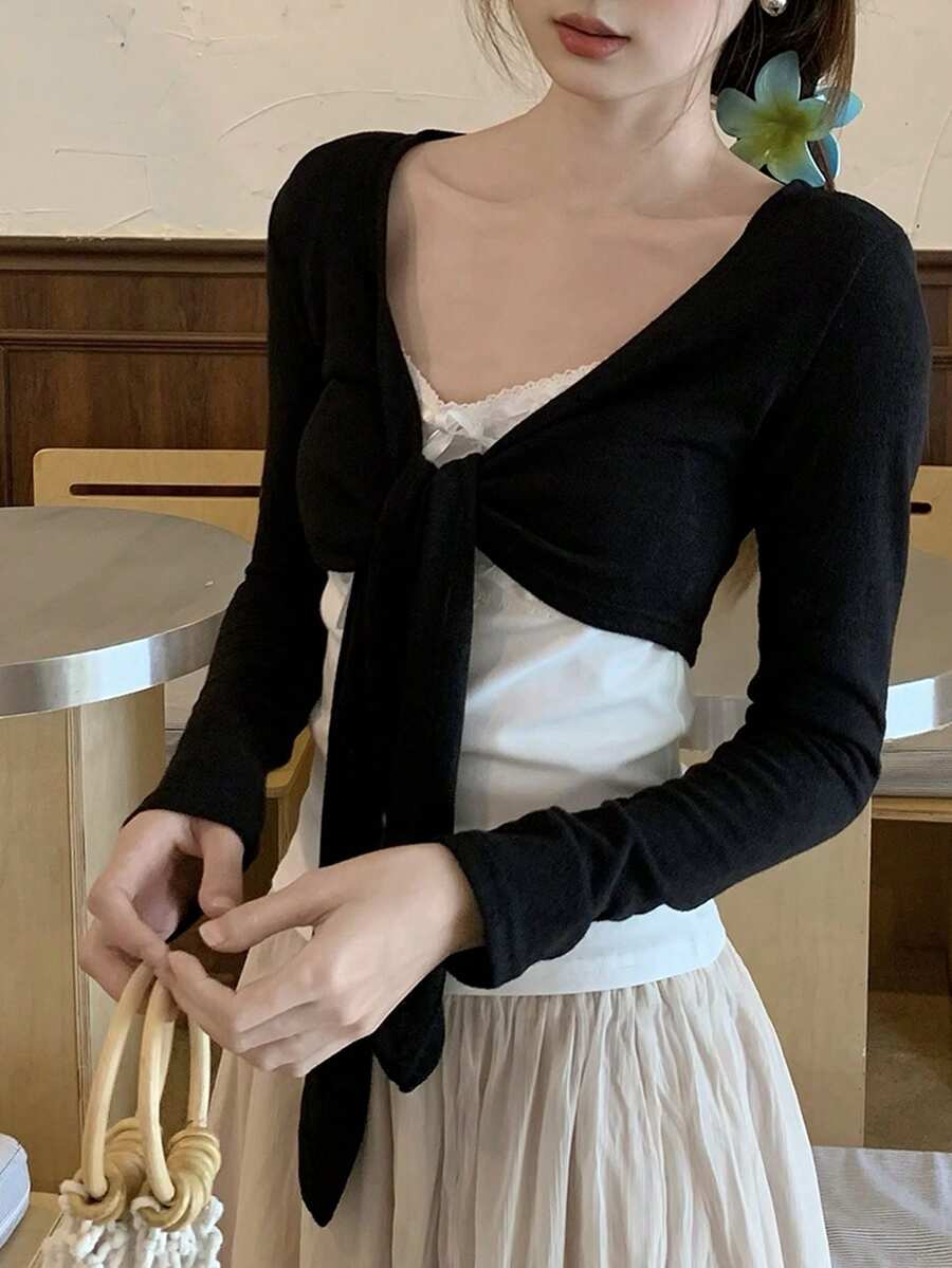 Korean Style New Bow Tie Lace-Up Long Sleeve Loose Cardigan - Black - View 1