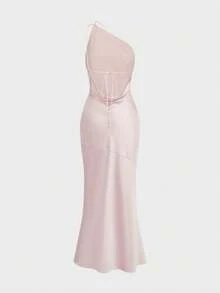 QUNGIGU Women's One Shoulder Long Mermaid Hem Satin Luxury Formal Evening Gown, Suitable For Wedding Guest, Graduation Ceremony - Pink - View 8