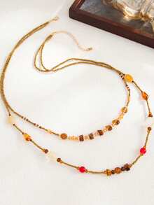 1pc Vintage Elegant Elegant Asymmetric Faux Crystal Beaded Multi-Layer Stacked Necklace, Fashionable Personalized Design Baroque Round Bead Long Tassel Necklace Ornament Suitable For Women's Daily, Wedding, Vacation, Party Wear - Gold - View 4