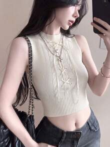 French Sexy Babe High Collar Textured Knit Camisole, Fitted Tie-Up Sleeveless Cropped Y2K Top Summer - Apricot - View 3