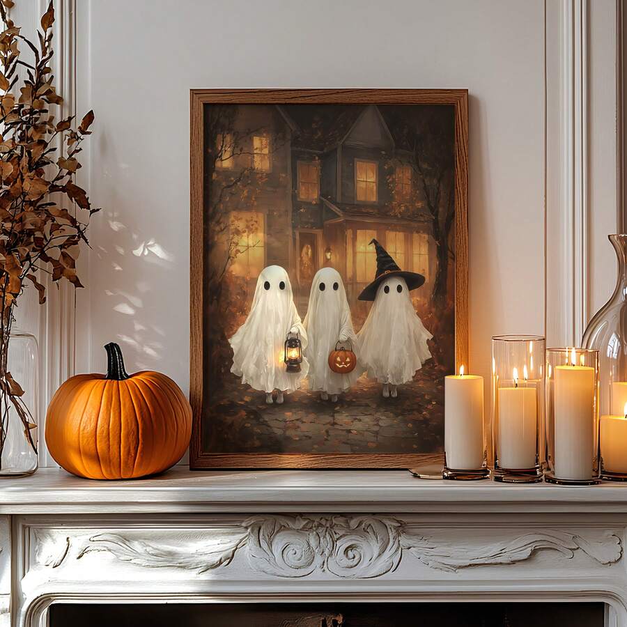 1pc Unframed Halloween Ghost Art Printable Vintage Wall Decor, 3 Ghosts, Lantern, Witch Hat, Pumpkin Print, Aesthetic Poster For Apartment, Living Room, Bedroom, Back To School Season, Dorm Essentials - Frameless - View 1