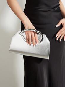 AIBBYDAR Women's Handbag Evening Bag Small Square Bag Makeup Bag Wallet Solid Color Fashion Elegant Shiny Handle Wedding Season Evening Gown Matching Handbag Detachable Shoulder Strap Ball Party Gathering - Silver - View 2