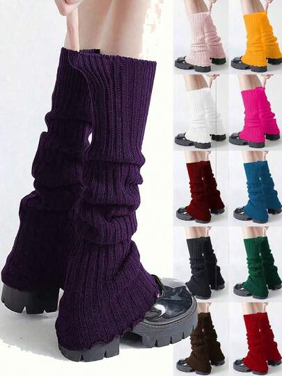 1 Pair Women's Solid Ribbed Knit Leg Warmers, Slouchy Boot Cuffs, Cozy Stretch Calf Socks For Y2K Streetwear & Winter Outfits