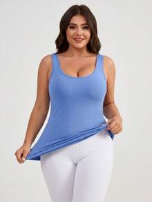Plus Size Women's Built-In Bra Tank Top Scoop Neck Sleeveless Base Layer Cami For Fall Back To School Workout Daily Commute - Blue - View 8