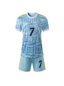 Boys' Summer Sports Set, Mesh Football Jersey With Number 7 Print, Short Sleeve & Shorts, 2 Pieces Training Outfit - Baby Blue - View 1