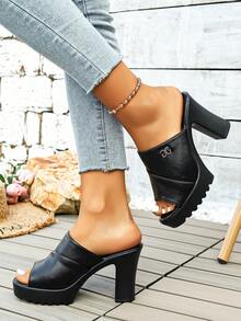 WTKMRSSTEP Fashion Rhinestone Letter Thick Sole Chunky Heel Sandals Women Summer Outdoor Wear High Heel Open Toe Mule Slippers Versatile Commute - Black - View 2